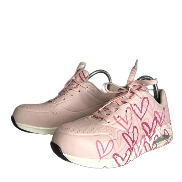 Skechers Pink JGOLDCROWN Composite Toe Dripping Hearts Work Shoes size 10 - Picture 1 of 10